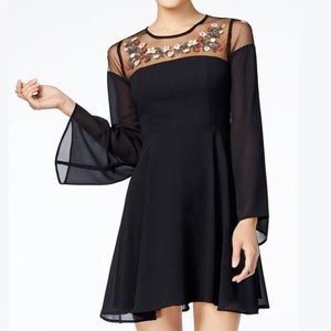 Forever 21 Black Floral Embroidered Bell Sleeve Dress